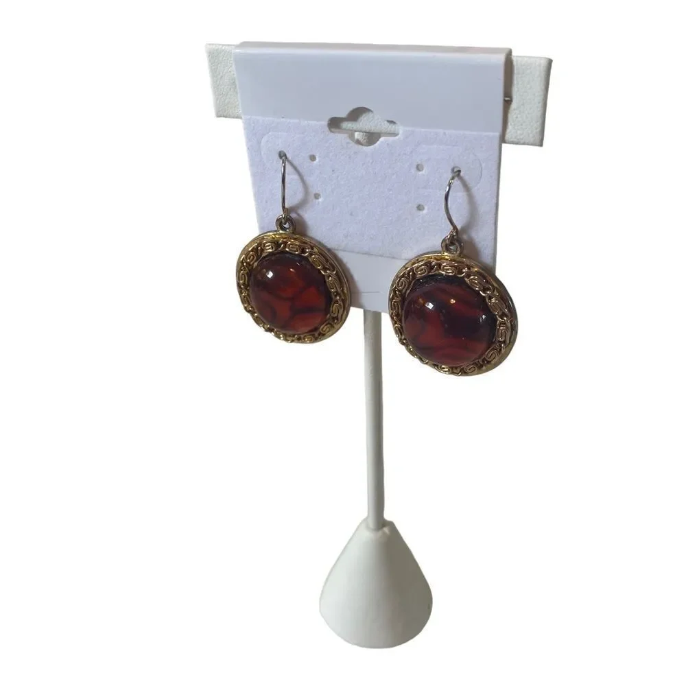 Vintage Gold Toned Etched Earrings with Large Tiger’s Eye Colored Center.